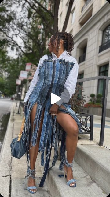 J’en ReStyle ✨Style Inspo ✨ 40+ ✨ Upcycle on Instagram: "Whew chile the months and the number of denim jeans it took to complete this look!!! No I haven’t counted. It was a lot of ‘em. You’re going to be seeing this worn multiple ways this fall. #denimondenim #denimupcycle #denim #upcycledfashion #sustainablefashion #styleinspiration #ootd #sewing #deconstruction #imakemyownclothes #sew #learntosew #upcycleclothing #chicagofashiondesigner #fashionover40 #fallfashion #denimstyle 
Dress: upcycled by me
Shoes: upcycled by me
Bag: Fendi Denim Mama Baguette
Prepare to be sick of me in this little denim number!!" All Denim Outfits For Women, Denim Boots Outfit, Reworked Denim Jeans, All Denim Outfits, Upcycled Denim Diy, Me Bag, Strapless Denim Dress, Reworked Denim, Denim Ideas