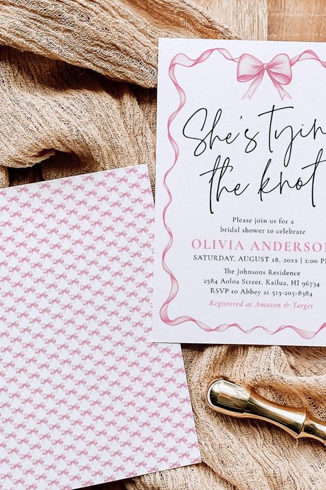 Blush Pink Bow She's Tying the Knot Bridal Shower Invitation Invitation Ribbon, Romantic Bridal Shower, Bow Baby Shower, Pink Bridal Shower, Tying The Knot, Pink Bridal, Create Invitations, Watercolor Invitations, Baby Shower Invitations For Boys