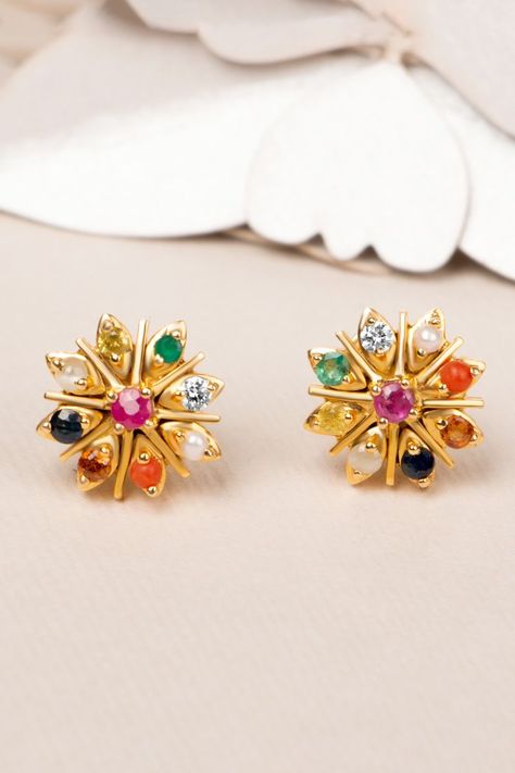 18K yellow gold Navaratna Earrings from Sunny diamond Navaratna Earrings, Mens Gemstone Rings, Pearl Jewelry Design, Gold Mangalsutra Designs, Diamond Jewelry Store, Beaded Necklace Designs, Black Beaded Jewelry, Gold Ring Designs, Gold Bangles Design