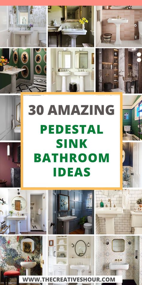 Embrace timeless charm with these inspiring ideas. Explore ways to elevate your bathroom aesthetic using the classic elegance of a pedestal sink. Transform your space into a sanctuary of style and functionality. #BathroomDecor #PedestalSink #HomeDesign Mirror Over Pedestal Sink, Pedestal Sink Makeover, Pedestal Sink Backsplash, Powder Room Ideas Pedestal Sink, Pedistool Sink, Bathroom Pedestal Sink Ideas, Pedestal Sink Bathroom Ideas, Small Bathroom Pedestal Sink, Pedistal Sink