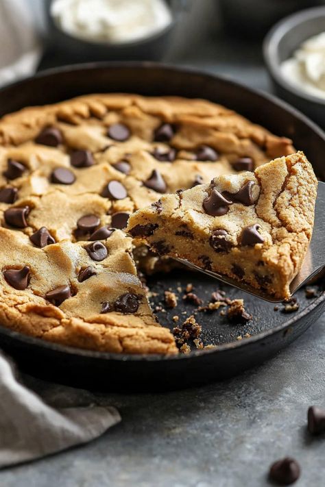 From the crispy edges and fudgy center to the gooey chocolate chips, this homemade Pizookie is absolutely irresistible. Homemade Pizookie, Pizookie Recipe, Shareable Desserts, Skillet Chocolate Chip Cookie, Gooey Cookies, Skillet Cookie, Butter Toffee, Chocolate Toffee, Peanut Butter Chips