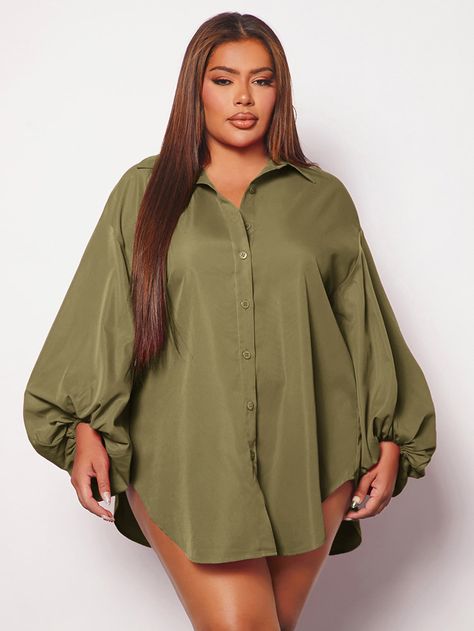 SHEIN SXY Plus Lantern Sleeve Curved Hem Shirt Crepe Dresses, Shirt Gown, Lounge Dresses, Curved Hem Shirt, Spring Trends Outfits, Big Women Fashion, 2piece Outfits, Chic And Curvy, Shirt Dress Outfit