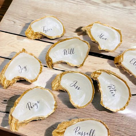 Oyster Shell Place Cards, Wedding Place Cards, Place Cards, Oyster Place Cards, Wedding Favors, Wedding Decor, Wedding Decor Oyster Shell Place Setting, Shell Place Cards Wedding, Oyster Name Cards, Oyster Shell Name Cards, Mother Of Pearl Paint, Oyster Shell Place Cards, Shell Place Cards, Liquid Gold Leaf, 21 Diner