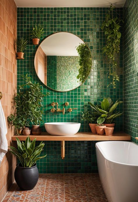 Terracotta Green Bathroom, Green Tile Wall Bathroom, Hawaii Inspired Bathroom, Green And White Bathroom Tile, Green Midcentury Bathroom, Green Copper Bathroom, Retro Earthy Aesthetic, Green Mosaic Tiles Bathroom, Emerald Bathroom Ideas