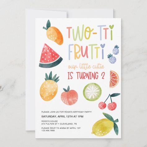 This toddler birthday party invitation features "two-tti frutti" and lots of fruit to invite friends and family to celebrate their second birthday. Two Tutti Fruity Birthday, Two Fruity Birthday Party, Two Tti Frutti Birthday Party, Two Cute Birthday Party Theme, Two Year Old Birthday Party Themes, Second Birthday Party Themes, Twotti Fruity Party, Second Birthday Girl Theme, Second Birthday Theme