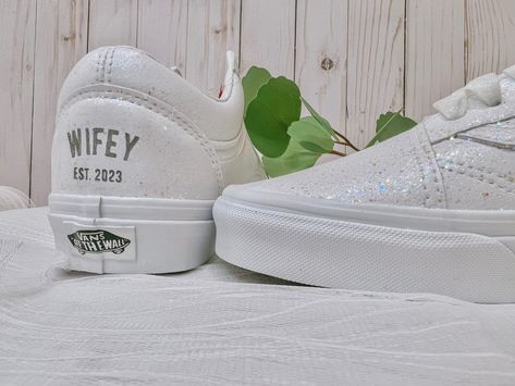 Sparkle Wedding Shoes, Customized Vans, Baby Converse Shoes, Wedding Vans, Wedding Shoes Sneakers, Vans High Tops, Glitter Vans, Leather Vans, Slip On Tennis Shoes