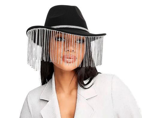 PRICES MAY VARY. ❁❁One Size Fits Most: with dimensions of 15.75 x 10.63 x 5.31 inches, this hat fits most head circumferences. ❁❁Quality Material: The fringe western hat is made of high-quality fabric material, with a tassel and bling rhinestone design to ensure a durable and eye-catching look. ❁❁Rhinestones design: The sparkly cowboy hat with irregular rhinestone fringe trim and fine workmanship. make a statement with this rhinestone fringe trim western hat,The faux diamond fringe adds a touch Sparkly Cowgirl Outfit, Sparkly Cowboy Hat, Bride Cowgirl Hat, Brim Hat Outfit, Hat With Tassels, Rhinestone Fringe, Western Hat, Diamond Decorations, Hat Fits