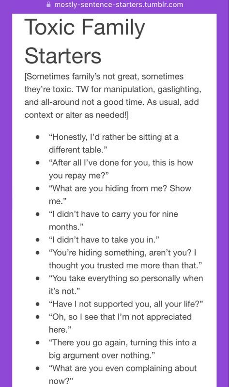 Gaslighting Writing Prompts, Toxic Family Prompts, Cheating Prompts, Rp Starter Prompts, Family Dialogue Prompts, Story Dialogue Ideas, Toxic Writing Prompts, Backstory Ideas For Oc, Chapter Starters Writing Prompts