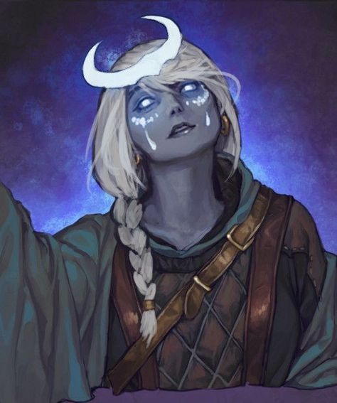 Moon Godlike Woman Moon Art, Pillars Of Eternity Art, Pillars Of Eternity Portrait, Black Aasimar, Moon Godlike, Moon Cleric, Moon Character Design, Mroczny Elf, Moon Elf