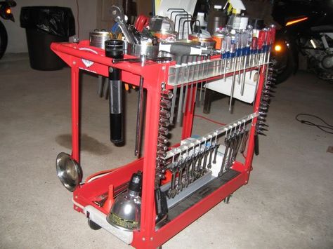 Tool Cart --> get organized - ADVrider Mechanic Organization, Tool Cart Organization, Tool Cart Mods, Harbor Freight Tool Cart, Harbor Freight Tool Box Ideas, Tool Cart Ideas, Mechanics Tool Cart, Toolbox Ideas, Cart Organization