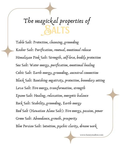 magickal correspondences of different types of salt Epsom Salt Magical Properties, Salt Properties Magic, Seashell Magical Properties, Himalayan Pink Salt Magical Properties, Salt Magical Properties, Elemental Salt, Salt Properties, White Candle Magic, Salt Witchcraft