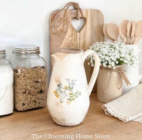 How pretty is this jug, with a vintage feel and sweet painted flowers in soft colours. Fill with drinking water for the table or pop in some summer flowers to enjoy, it's just lovely...🌿 . . . . . . . . . . . . . . . #countryside#countryliving#countrycottagestyle #farmhouse #farmhousestyle #myhomedecor #rustic #homemagic #farmhouse #modernfarmhouse#modernfarmhouse#cottagecore #homeaccessories #naturalhome #myhome #rustic #countrylivingmagazine#cottage#realhomesofinsta #rustichomedecor #happy... Spring Colours, Country Living Magazine, Charming Home, Store Interiors, Ceramic Jug, Painted Flowers, Natural Home, Dream House Decor, Spring Colors