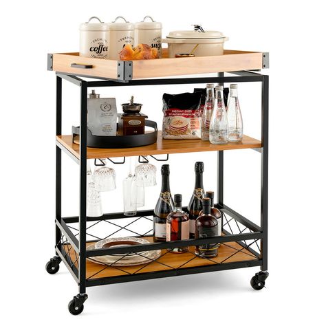 Williston Forge Valentin Wood Kitchen Cart & Reviews | Wayfair Wine Bar Cart, Kitchen Utility Cart, Industrial Bar Cart, Wood Shelves Kitchen, Wine Cart, Rolling Rack, Bar Serving Cart, Serving Bar, Serving Trolley