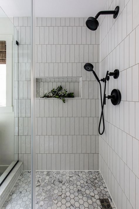 Vertical Shower Tile, Shower Tile Combinations, Tile Combinations, White Subway Tile Shower, White Subway Tile Bathroom, White Tile Shower, Makeover Bathroom, Subway Tile Showers, Subway Tiles Bathroom