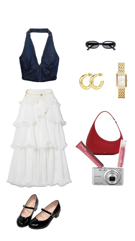 denium vest, maxi white skirt, black mary janes, red saddle bag, gold waist chain, gold hoop earrings, gold mini watch Maxi White Skirt, Gold Waist Chain, Black Mary Janes, Hoop Earrings Gold, Waist Chain, White Maxi, White Skirt, Chain Gold, Saddle Bag