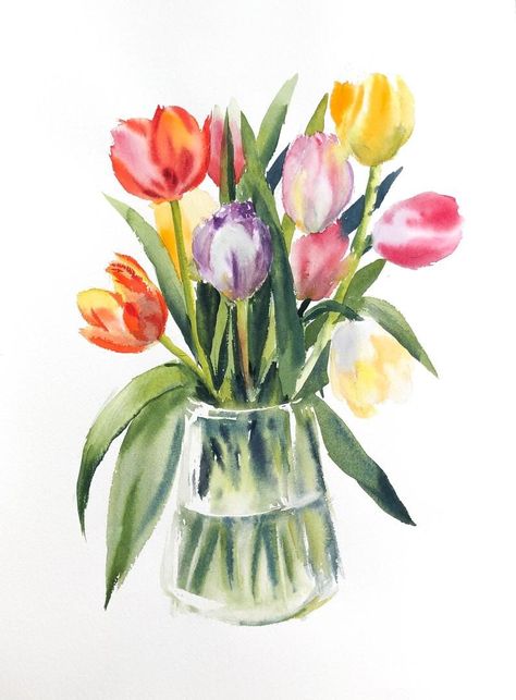 Watercolour Flowers In Vase, Flower Vase Watercolor, Tulip Watercolor Painting, Flower Vase Painting, Daisies Painting, Vase Watercolor, Tulip Watercolor, Tulips Watercolor, Vase Painting