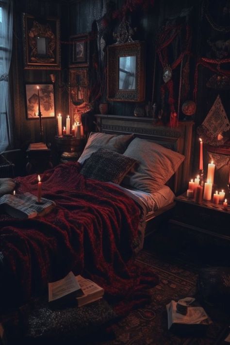 Witchy Bedroom Ideas, Witch Bedrooms, Witchy Bedroom, Goth Bedroom, Gothic Bedroom, Balkon Design, Dark Bedroom, Dark Home Decor, Dark Home