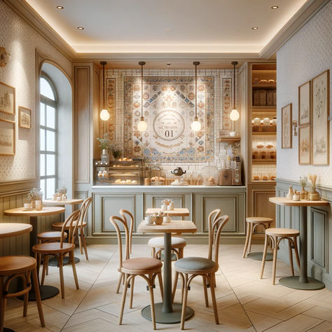 AI rendering of a cozy French-inspired cafe Dessert Cafe Design, French Cafe Design Interiors, Parisian Cafe Aesthetic Interior, Royal Cafe Aesthetic, French Cafe Breakfast Nook, French Cafe Interior Design Coffee Shop, French Cafe Color Palette, French Boulangerie Aesthetic, Parisian Bakery Interior