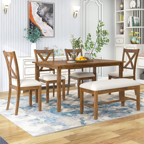 PRICES MAY VARY. Title: 6 Pieces Dining Table Set, Wood Rectangle Table and 4 Chairs with Bench with Cushion, Kitchen Table Chairs Set for 6 Persons, Rustic Style Dining Room Set - Natural Cherry. Product Type: Categories > Furniture > Dining Room Furniture > Table & Chair Sets Wooden Dining Table Set, Breakfast Nook Dining Set, Nook Dining Set, Fabric Chairs, Set Meja Makan, Dinette Sets, Dining Room Table Set, Wooden Dining Chairs, Family Furniture