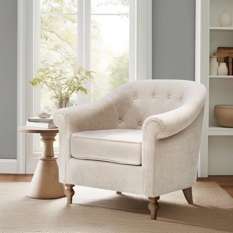 Martha Stewart Fayette Tufted Accent Arm Chair - Bed Bath & Beyond - 39552594 Farmhouse Accent Chair, Brown Armchair, Wayfair Living Room Chairs, Accent Chairs & Armchairs, Accent Arm Chairs, Chair Bed, Barrel Chair, Furniture Outlet Stores, Transitional Design