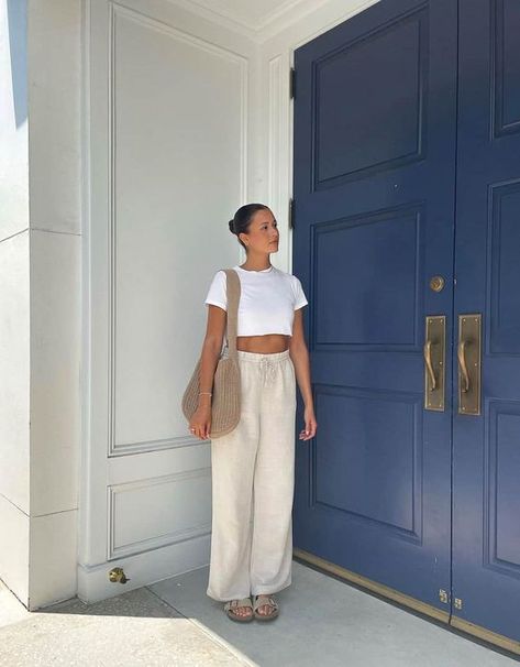 30 Vacation Outfits You Need to Wear in 2024 White Shirt Outfit Summer Beach, City Day Outfit Spring, Vacation Classy Outfits, Easy Vacation Outfits Casual, Medditeranean Outfits, Minimal Summer Aesthetic, Linen Matching Set Outfit, Touring Outfits Summer, Italy Summer Vacation Outfits