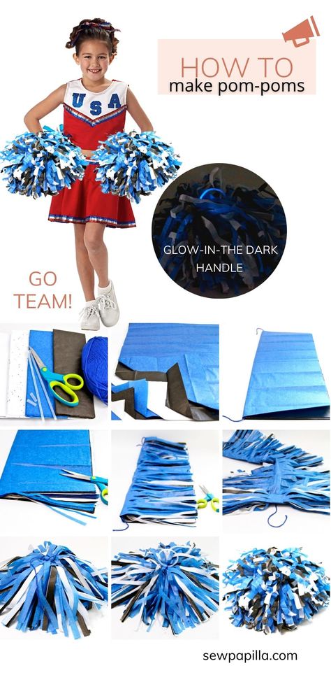 DIY CHEERLEADING POM POMS Pom Pom Cheerleading Diy, How To Make Cheer Pom Poms, How To Make Cheerleader Pom Poms, Cheerleader Pom Poms Diy, How To Make Pom Poms For Cheerleading, Diy Pom Poms Cheerleader, Diy Cheerleader Costume, Cheerleader Costume Kids, Cheerleading Diy