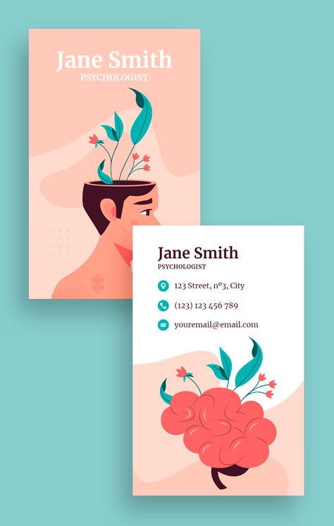 Cute Hand-drawn Jane Smith Psychologist Business Card Psychology Visit Card, Business Card Psychology, Psychologist Advertising, Psychologist Business Card Design, Psychologist Branding, Therapist Business Cards, Psychology Business Card, Psychologist Business Card, Degree Card