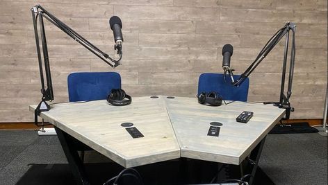 Two Person Podcast Desk Modular Table Podcast Table Ideas, Podcast Table, Podcast Setup, Creative Studio Space, Post Production Studio, Home Recording Studio Setup, Recording Studio Setup, Podcast Studio, Home Studio Setup