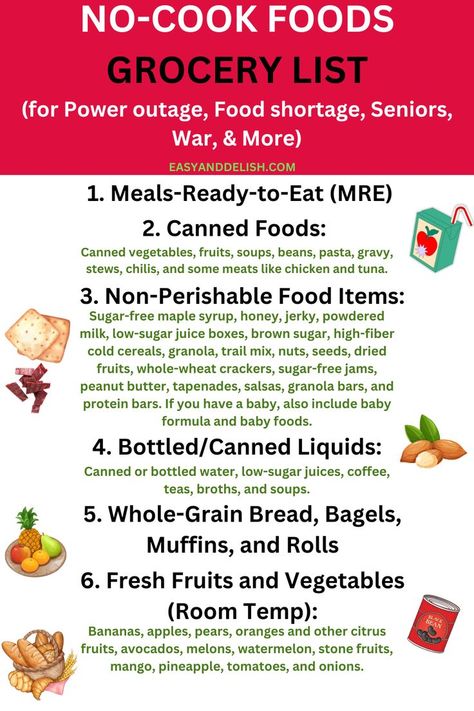 Get this No-Cook Foods Grocery List to buy and stock in case of power outages, food shortages, war, if you are a senior, or simply to not cook at summertime. This is a life saver! Meals For Breakfast, Survival Skills Emergency Preparedness, Whole Wheat Crackers, Emergency Preparedness Food, Non Perishable Foods, Sugar Free Jam, Non Perishable, Sugar Free Maple Syrup, Emergency Preparedness Kit