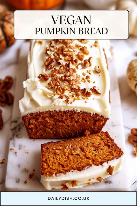 Vegan Pumpkin Bread Vegan Pumpkin Bread, Vegan Cream Cheese Frosting, Pumpkin Loaf, Cream Cheese Desserts, Pumpkin Cake Recipes, Vegan Cream, Vegan Thanksgiving Recipes, Vegan Cream Cheese, Dairy Free Dessert