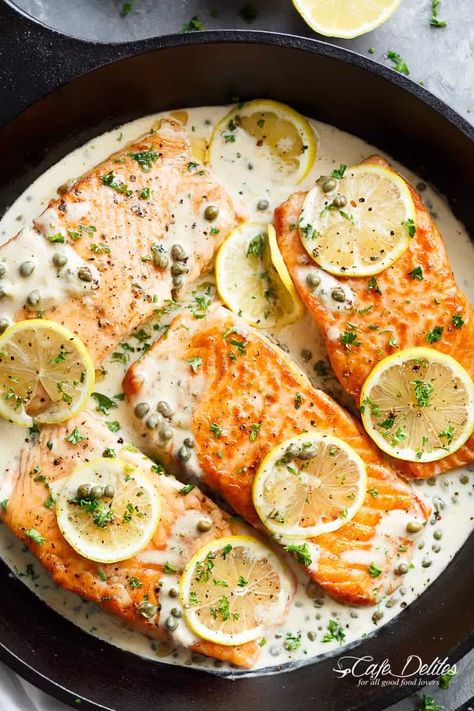 Garlic Sauce For Salmon, Creamy Lemon Garlic Sauce, Salmon Piccata, Lemon Butter Salmon, Creamy Salmon, Lemon Garlic Salmon, Lemon Caper Sauce, Lemon Garlic Sauce, Resep Seafood