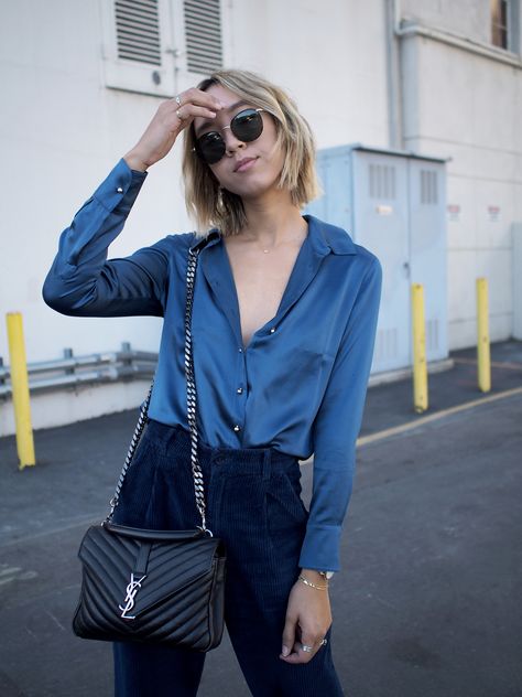 Ravella Silk Blouse Street Style || @shhtephs || Unconscious Style Navy Silk Blouse Outfit, Blue Silk Shirt Outfit, Blouse Street Style, Style Silk Blouse, Navy Silk Shirt, Silk Blouse Outfit, Silk Shirt Outfit, Over The Knee Black Boots, Knee Black Boots