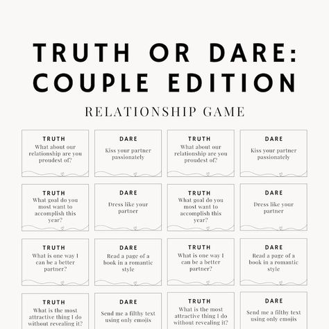 Couple Truth or Dare Question Cards Relationship Cards Couple Activity Date Night 60 Couple Cards - Etsy This Or That Questions Couple Edition, This Or That Questions Dating Edition, Questions For Dates, Would You Rather Couples Edition, Intimate Activities With Partner, Couple Games Ideas Intimate, Fun Bets For Couples, Truth Or Dare Questions For Couples Romantic, Truth Or Dare Couples Edition