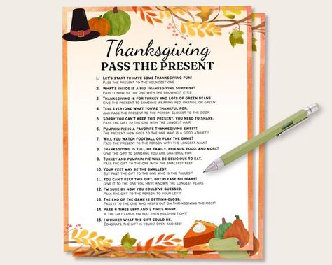 Are you hosting a Thanksgiving party for family and friends? This Thanksgiving party game is perfect to keep guests entertained! ⭐ Includes: - Thanksgiving Pass the Present - 2 Template Sizes 💭 How to Use: 1. Instant download after purchasing 2. Print files out at home or professionally print 3. Have fun! ✨ Get the whole bundle! ✨ https://etsy.me/3DFl87C 💬 Where's my file? Within minutes of your order and payment, an e-mail will be sent to the address you have associated with your Etsy account Pass The Gift Thanksgiving Game, Thanksgiving Right Left Game, Thanksgiving Gift Exchange Game, Thanksgiving Left And Right Game, Left Right Thanksgiving Game, Thanksgiving Pass The Gift Game, Thanksgiving Left Right Game, Thanksgiving Games For Family Hilarious, Thanksgiving Games For Family Fun