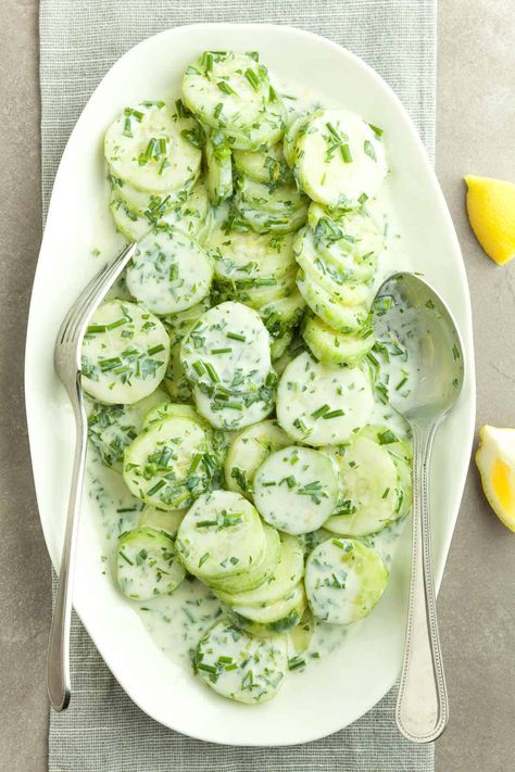 This fresh and flavorful French cucumber yogurt salad makes a great addition to any meal on a hot day thanks to its cooling crunch. Cucumber Yogurt Salad, Yogurt Salad, Cucumber Varieties, Cucumber Yogurt, Creamy Cucumber Salad, Beautiful Salad, Creamy Cucumbers, Greek Salad Recipes, Healthy Vegetable Recipes