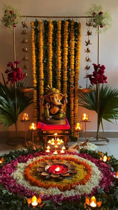 Diwali Decorations At Home Pooja, Ganesha Puja Decoration, Ganesha Pooja Decoration Ideas, Ganpati Festival Decoration, Diwali Decoration For Mandir, Home Puja Decoration, Ganesh Home Decoration, Decoration Ideas Pooja, Ganesh Chaturthi Home Decoration