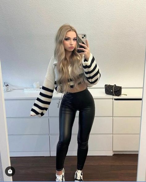 Leather Leggings Outfit 2024 Shiny Black Leggings, Shaggy Jacket, Leather Leggings Outfit, Black Faux Leather Leggings, Drop Shoulder Sweater, Fashion Top Outfits, Leggings Outfit, Backless Prom Dresses, Legging Outfits