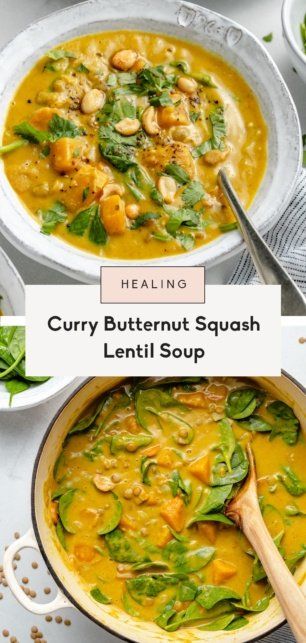 Butternut Squash Lentil Soup, Squash Lentil Soup, Butternut Squash Lentil, Butternut Squash Spinach, Butternut Squash Curry, Roasted Tomato Basil Soup, Ambitious Kitchen, Roasted Butternut Squash Soup, Soup Vegan