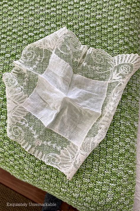 Wrinkled Lace Handkerchief Old Handkerchiefs Ideas, Handkerchief Angels How To Make, Handkerchief Angels, Hankerchief Angels Diy, Vintage Hankies, Hankies Ideas, What To Do With Doilies Grandmothers, Lace Crafts Ideas, Wedding Dress Keepsake Ideas