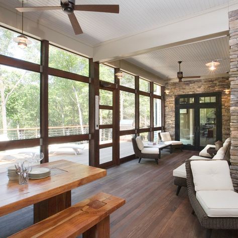 75 Screened-In Porch Ideas You'll Love - October, 2024 | Houzz Window Screens Ideas, Screen Porch Ceiling, Screen Porches, Deck Addition, Screened Porch Designs, Farmhouse Transitional, Scandinavian Rustic, White Siding, Farmhouse Designs