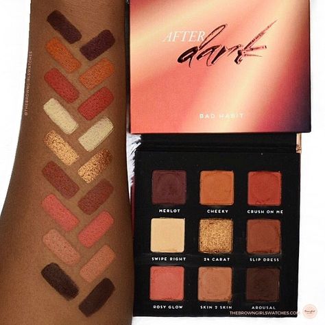 Swatches of After Dark @badhabitbeauty #AfterCollection available at @shophush_ ! Huda Beauty warm brown Obsessions Dupe Swatches on Dark Skin. Orange Eyeshadow, Eyeshadow Products, Wine Stains, Makeup Stuff, Makeup To Buy, Bad Habit, Eyeshadow Palettes, Makeup Swatches, Dark Skin Makeup