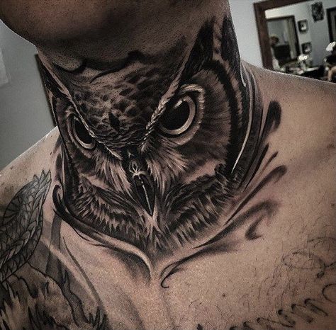 Owl Tattoo Back, Owl Neck Tattoo, Chest Neck Tattoo, Neck Tats, Hals Tattoo Mann, Realistic Owl Tattoo, Shen Long Tattoo, Forearm Cover Up Tattoos, Full Neck Tattoos