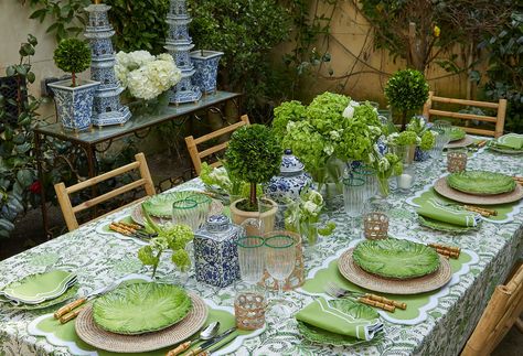 13 Tablescape Ideas: Table Setting Inspiration & Decor For Any Occasion Rattan Charger Plate, Green Placemats, Rattan Charger, Bamboo Cutlery, Chinoiserie Ginger Jars, Fluted Vase, Green Tablecloth, Green Napkins, Table Setting Inspiration