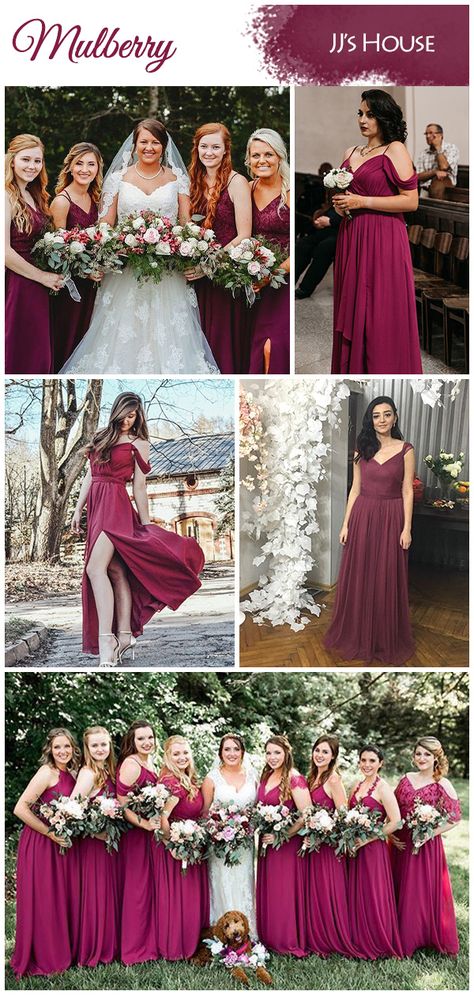 Mulberry Wedding Palette, Shades Of Wine Bridesmaid Dresses, Berry Bridesmaid Dresses Color Schemes, Bridesmaid Dresses Mulberry, Mulberry Wedding Colors, Mulberry Bridesmaid Dresses With Groomsmen, Mulberry Dress Bridesmaid, Berry Color Bridesmaid Dresses, Bridesmaid Dress Colors Fall