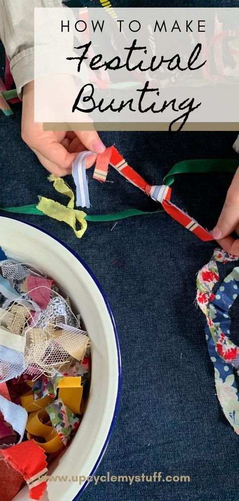 Two methods for making bunting from scraps of unused fabric.  Great scrap busting decorative upcycling project.  Repurpose and reuse and create lovely festival bunting for weddings, parties, birthdays, Christmas and other celebrations.  You can even use it as outdoor summer DIY Decor! Outdoor Bunting Diy, Diy Festival Decorations, Diy Party Bunting, Making Bunting, Tassel Tutorial, Outdoor Bunting, Diy Bunting, Bunting Tutorial, Garden Bunting