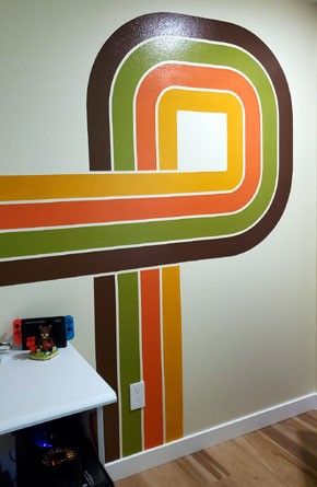 Retro Lines On Wall, Retro Wall Stripes Paint Ideas, Supergraphics Design, Wall Stripes Paint Ideas, 70s Stripe Wall, Retro Accent Wall, Rainbow Stripe Wall, Retro Wall Mural, Diy Furniture Upholstery