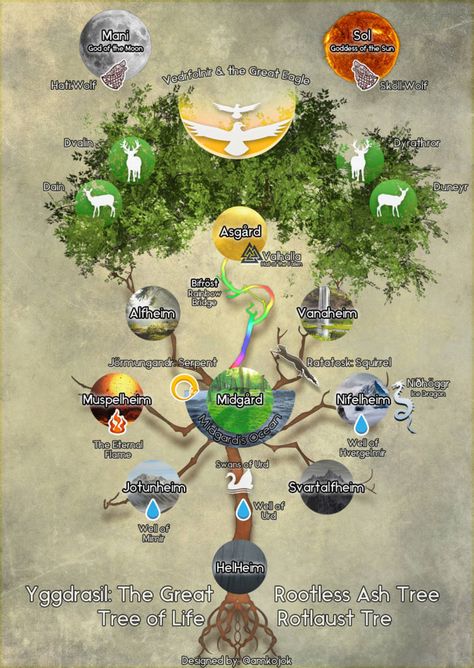 Yggdrasil: The tree of life and the 9 worlds (P1) by amkojok on @DeviantArt Wyrm Dragon, Norse Tree Of Life, Pagan Tree, Greek Mythology Family Tree, Tree Of Life Meaning, Norse Names, Yggdrasil Tree, Norse Myth, Norse Tattoo