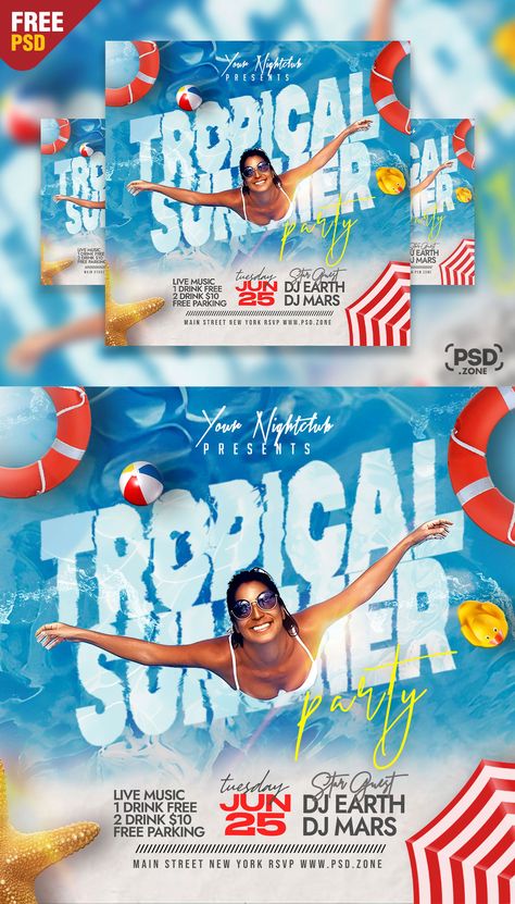 I’m excited to offer you an amazing opportunity to download a Free PSD template for your upcoming Beach Party. This Free Tropical Party Night Club Instagram Post PSD is the perfect choice for various summer events, including parties, beach gatherings, poolside celebrations, festivals, live music events and more. Its versatility allows you to utilize it as a flyer, invitation, poster, announcement, or any other promotional material. Summer Design Poster, Beach Party Poster Design, Beach Poster Design, Beach Party Poster, Portfolio Slides, Summer Party Poster, Beach Music Festival, Beach Party Flyer, Invitation Poster