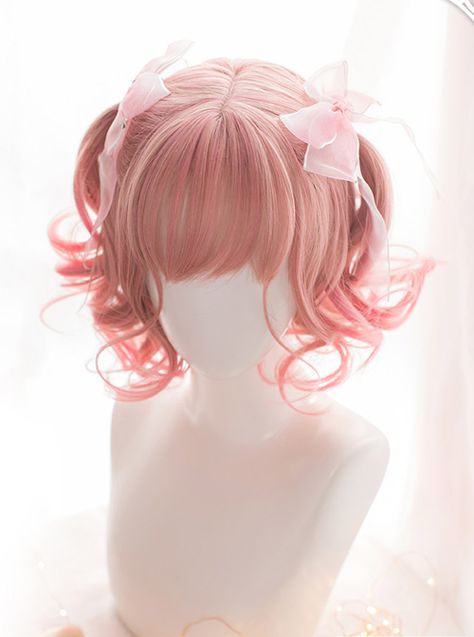 Pink Gradient Short Curly Hair Air bangs Sweet Lolita Wigs Pink Short Hair, Wig Sale, Kawaii Wigs, Air Bangs, Double Ponytail, Anime Wigs, Kawaii Hairstyles, Bangs Short, Pink Wig