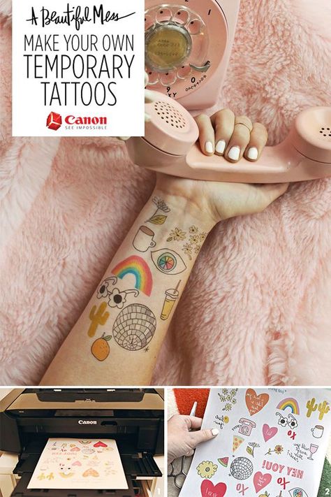 Turn your printer into a custom temporary tattoo parlor with @abeautifulmess. #CraftywithCanon Updo Tutorials, Diy Tattoos, Make Temporary Tattoo, Medium Hairstyle, Tattoo Diy, Tattoos Infinity, Stick N Poke, Tattoo Parlor, Custom Temporary Tattoos